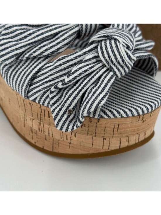 Kate Spade Julep Double Bow Platform Wedge Sandals sz 6.5 Navy Stripe Cork Ankle - Picture 10 of 11
